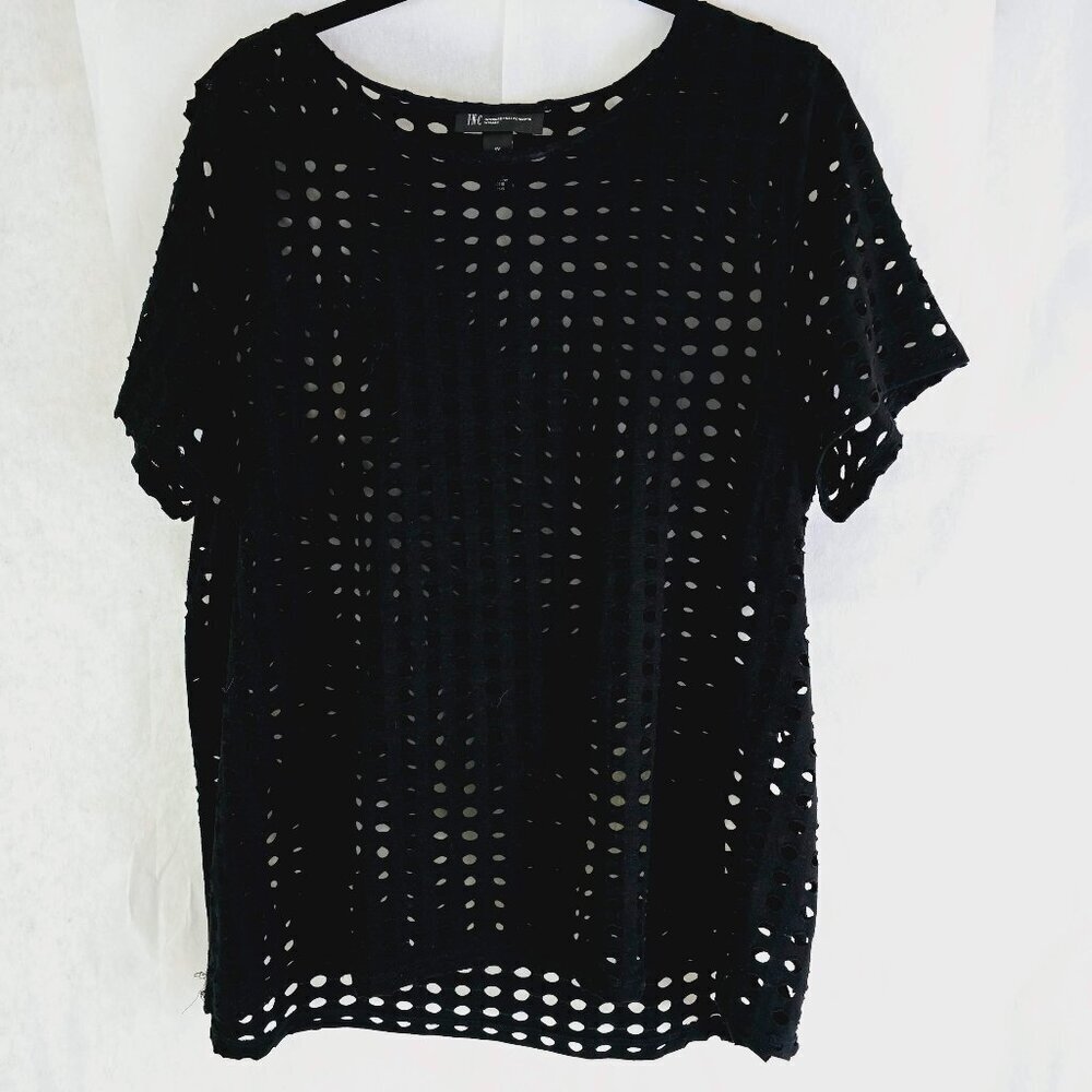 INC Macys Black Open Knot Eyelet Short Sleeve Shirt Cover Up So Soft Size 1X EUC - Picture 2 of 11